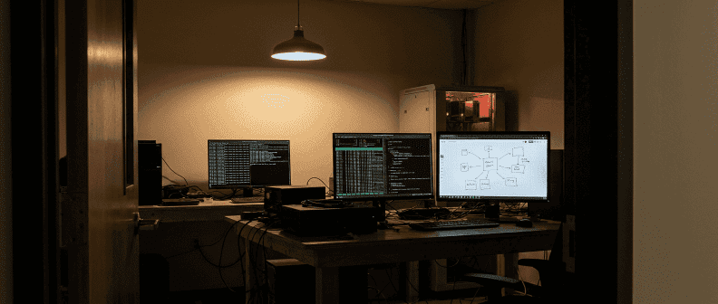 AI research lab — long workbench with multiple monitors showing token streams and architecture diagrams, coral glow on a GPU rack