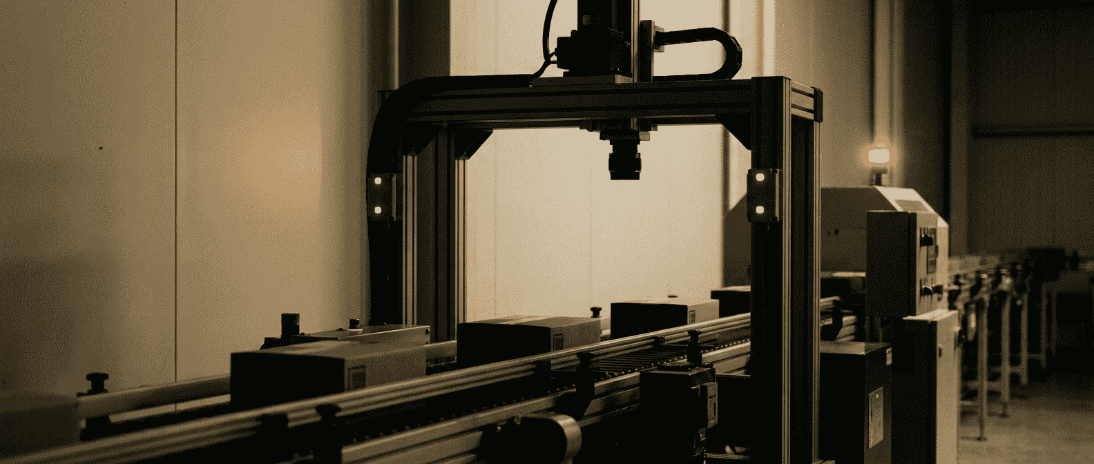 Quality-inspection station on a packaging line - overhead vision camera on a steel arm, conveyor belt with units, indicator LEDs