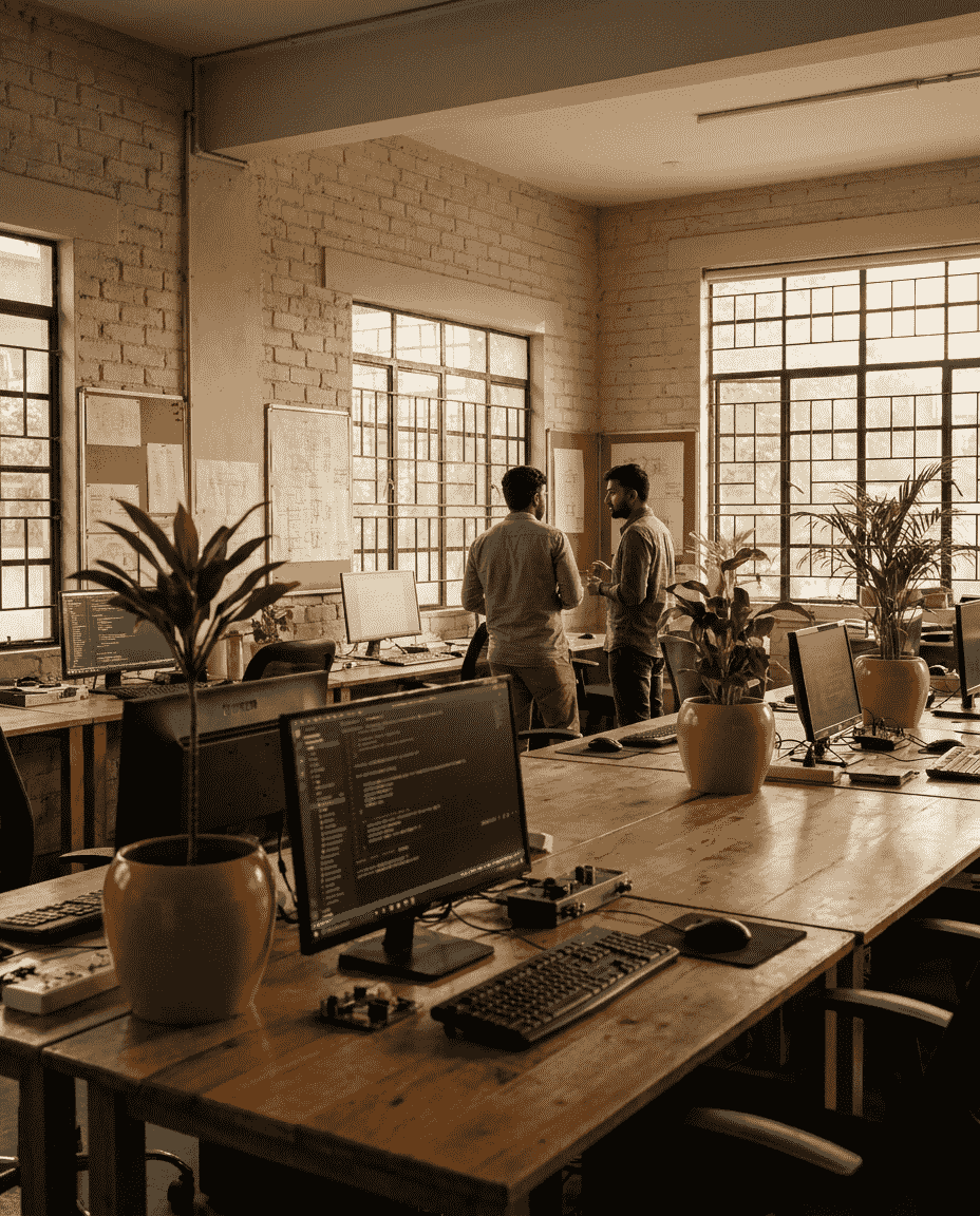 Bengaluru engineering studio - exposed-brick walls, oak tables with monitors, warm afternoon light through tall windows