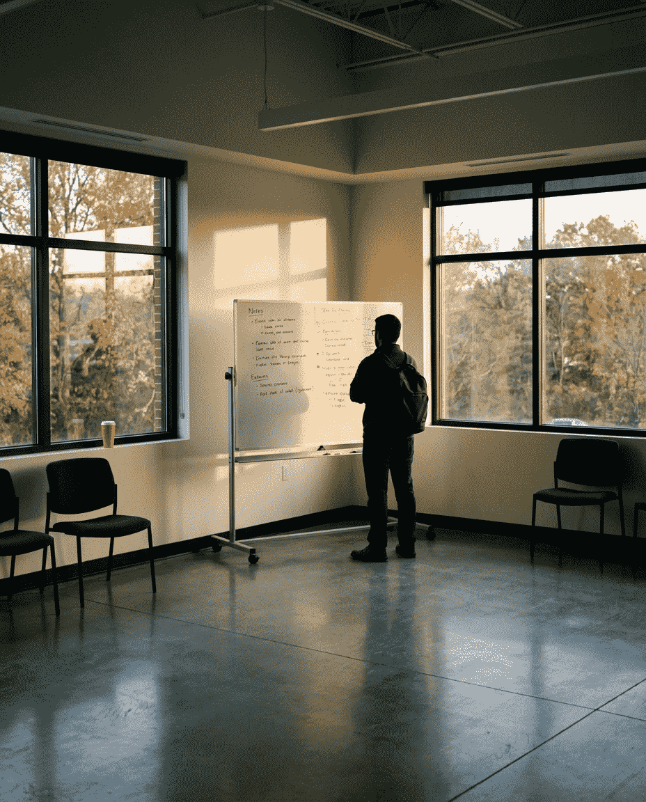 Charlottesville office - minimal architecture, large autumn-lit windows, single engineer at a whiteboard, brushed concrete floor