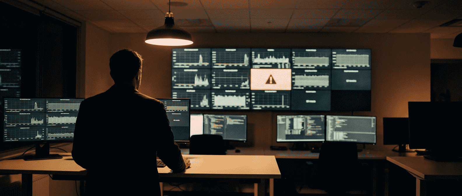 SRE control room with a wall of observability dashboards, a single engineer silhouette mid-foreground