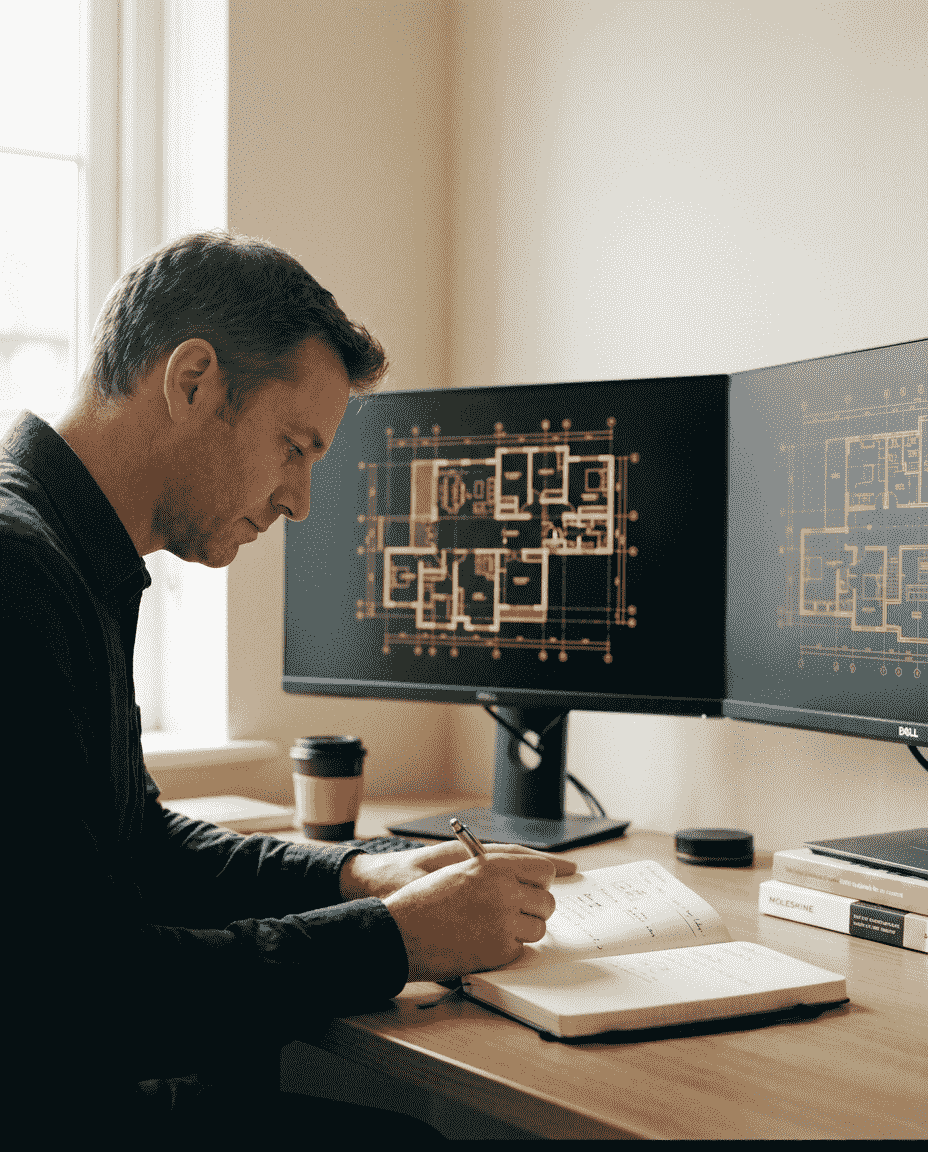 Senior engineer at a desk with two monitors showing architecture diagrams, hands writing in a notebook