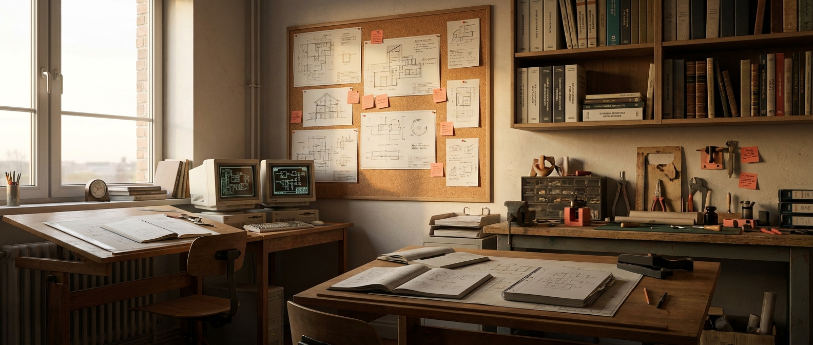 Engineering craft workshop — drafting table, monitor, corkboard with pinned architecture diagrams, books on a shelf, late-evening warm light