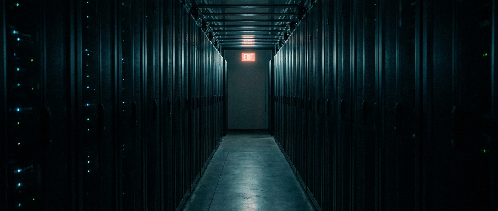 Long aisle of a hyperscale data centre, server racks vanishing to perspective with a coral exit-sign glow at the far end
