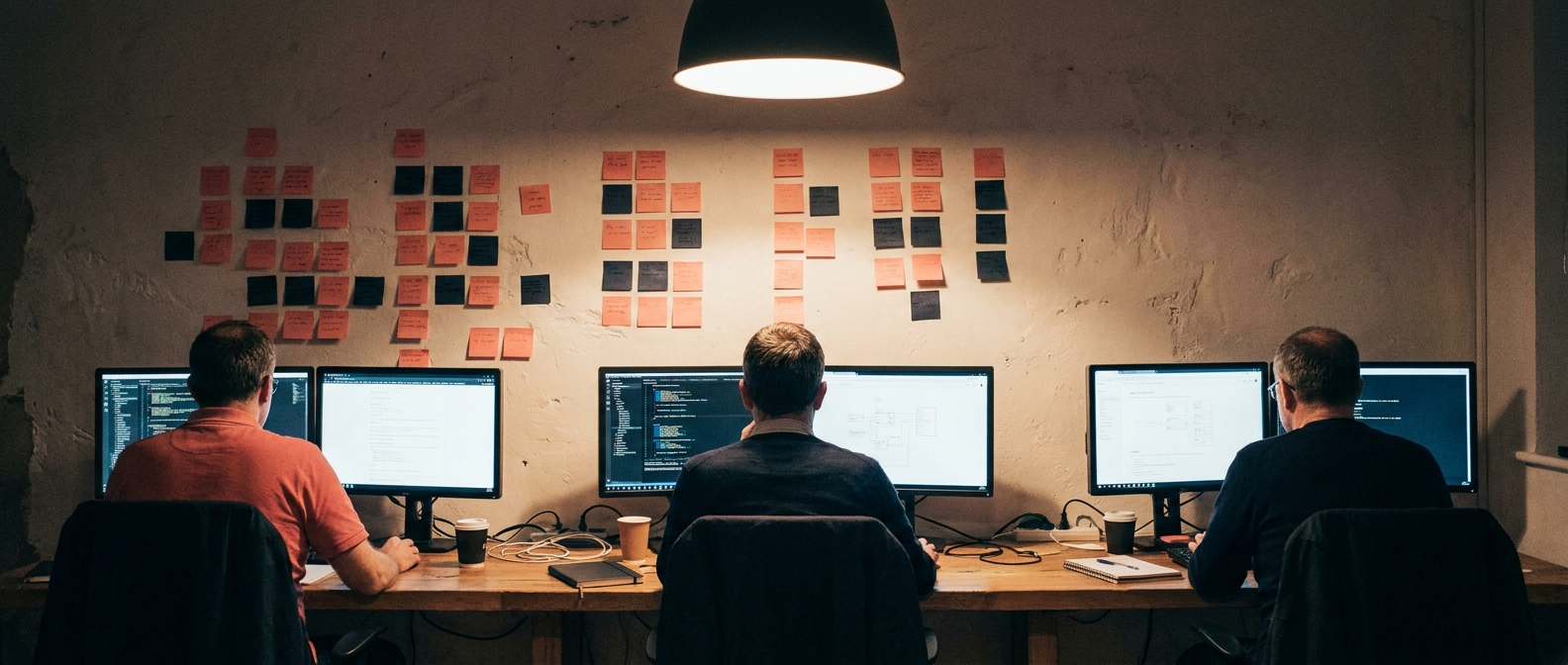 Three engineers at a long table with multiple screens, wall of sticky notes behind, late-evening warm light, backs to camera