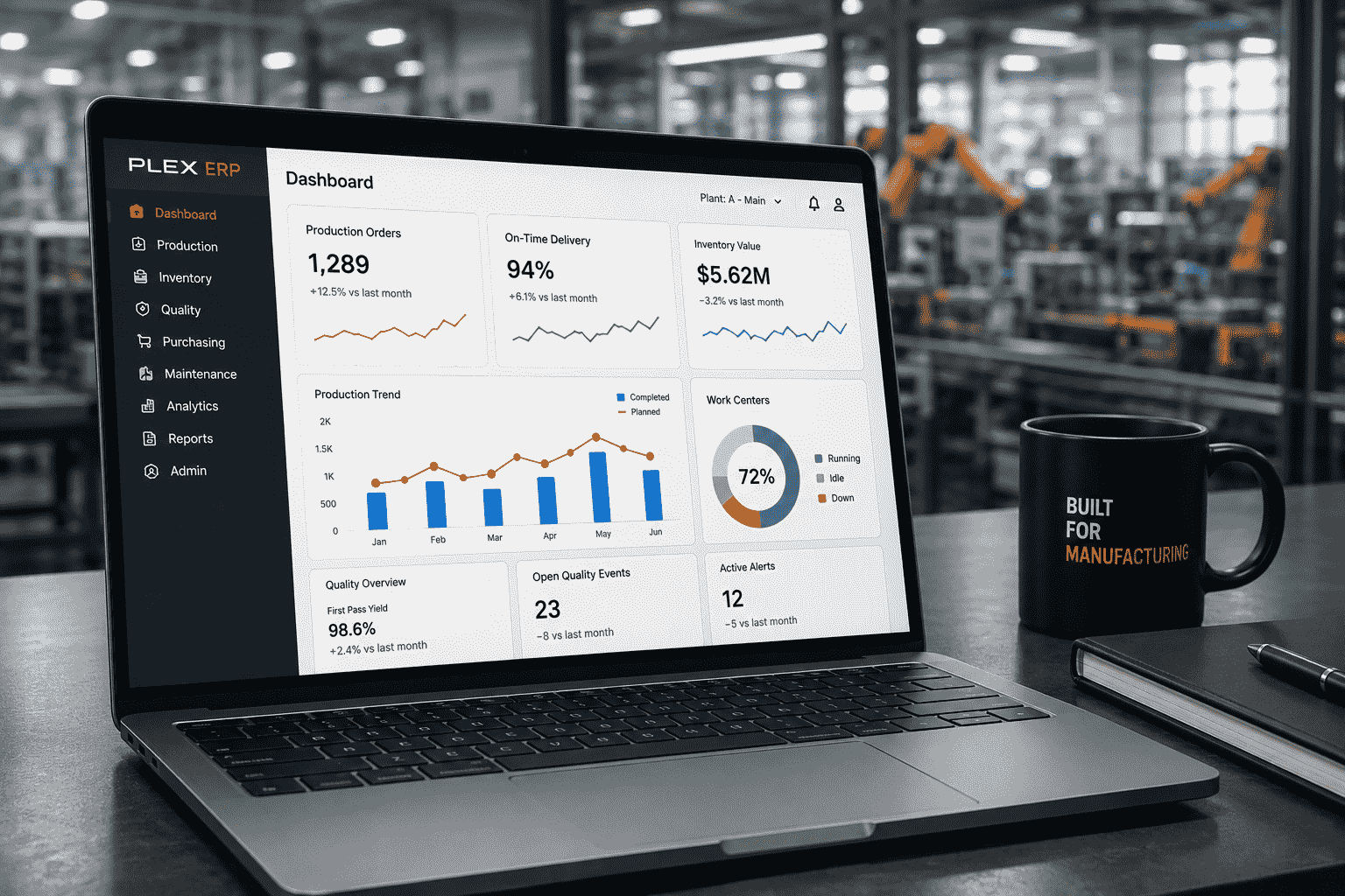 The modernized Plex ERP dashboard running on a laptop on the factory floor