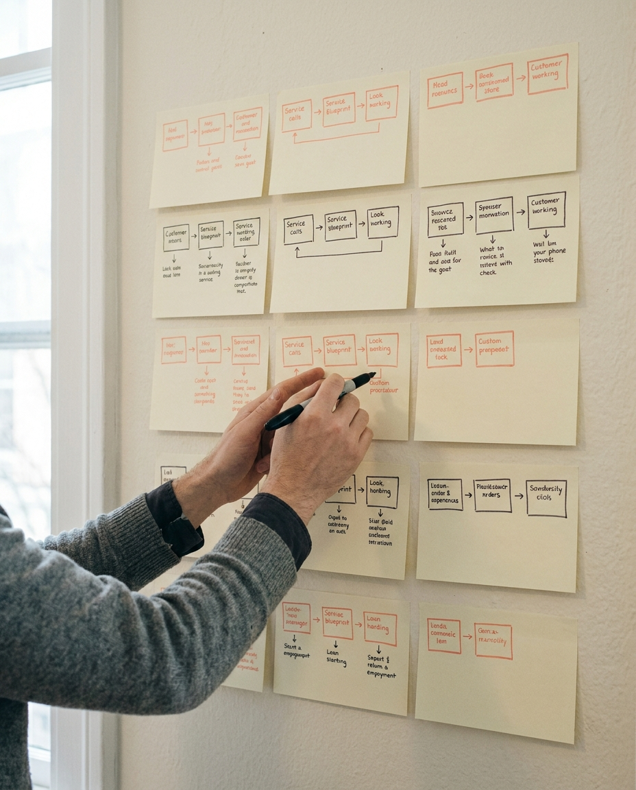 Wall of hand-drawn service blueprint sticky notes in coral and ink, hands holding a marker mid-mark