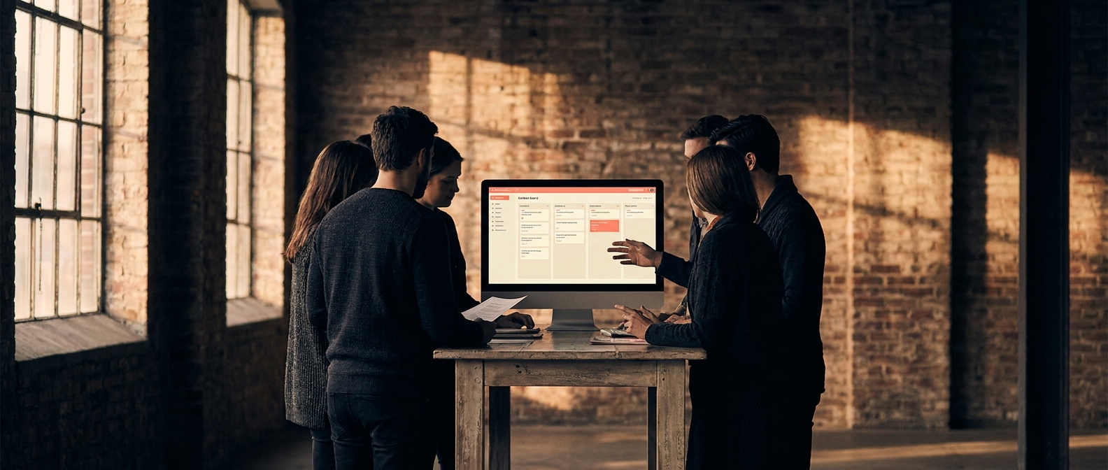 Engineers gathered around a single screen at a tall standup desk, exposed-brick wall behind, late afternoon light
